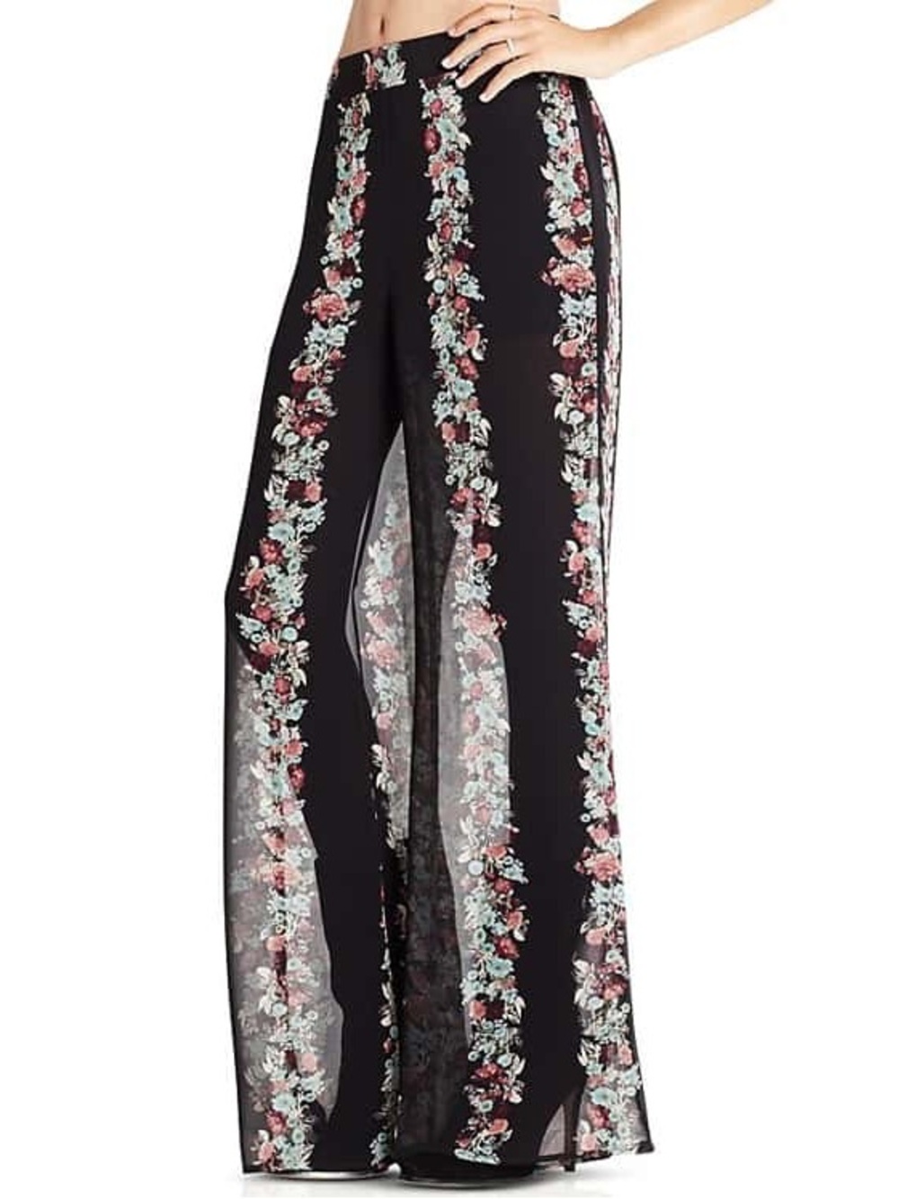 BCBG Boho Floral Stripe Wide-Leg Sheer Pants - Black with Pink Floral